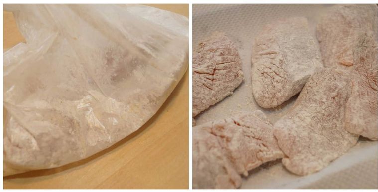 鮭に薄力粉を付けている様子