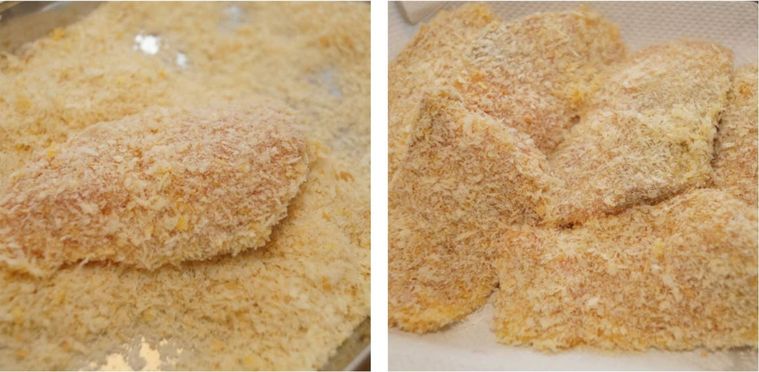 鮭にパン粉を付けている様子