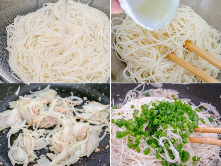 そうめんをゆでたり炒めたりして、そうめんチャンプルーを作る様子