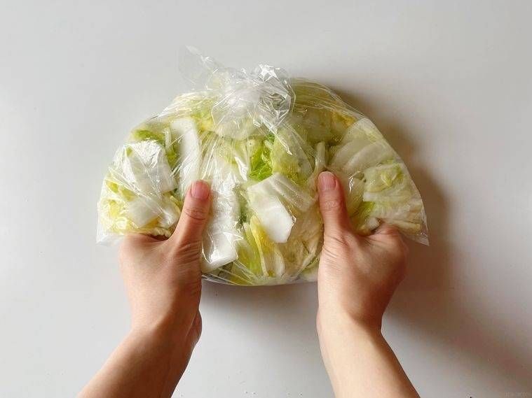 ポリ袋に白菜と調味料を入れて両手で揉む様子