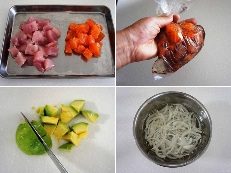 マグロ、サーモン、アボカド、玉ねぎを下ごしらえしている様子