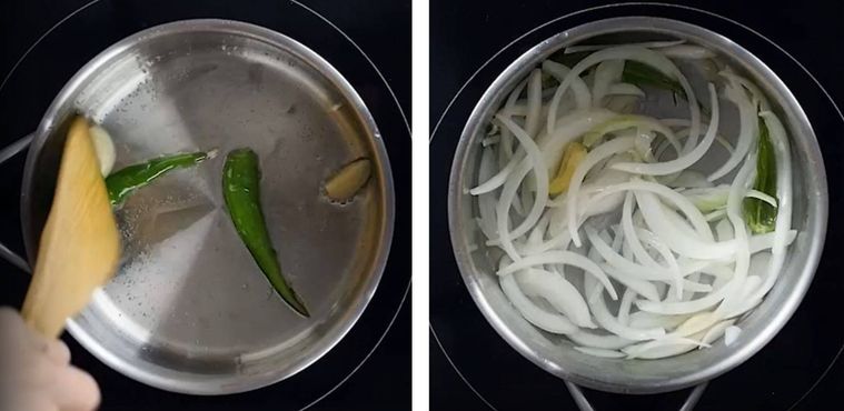 鍋でにんにく、青唐辛子、玉ねぎを炒めている様子