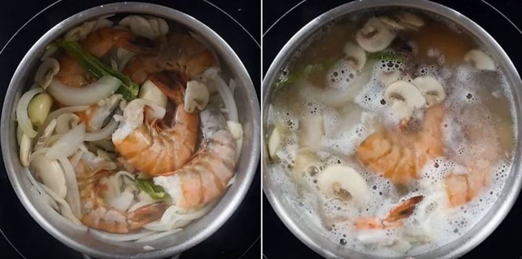 マッシュルーム、えびを加えて炒めている様子