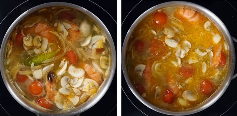 鍋でトムヤムクンの具材を煮ている様子