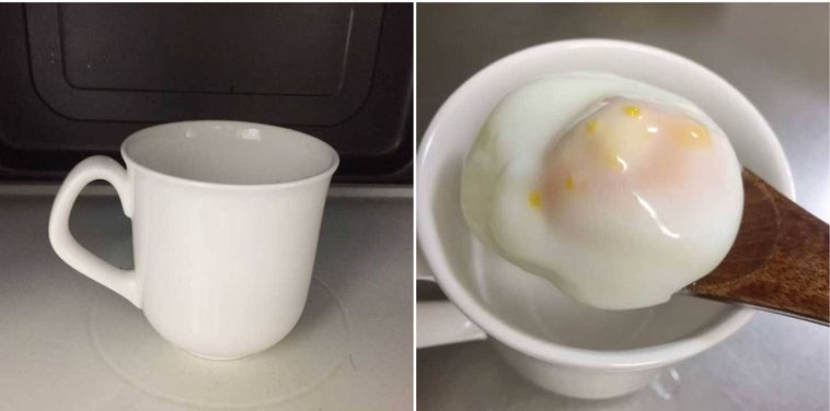 白いマグカップを電子レンジで温めている様子、白いマグカップから半熟卵を取り出す様子