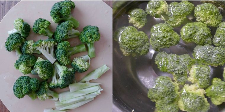 切られたブロッコリーがのっているまな板、切ったブロッコリーを水に浸す様子