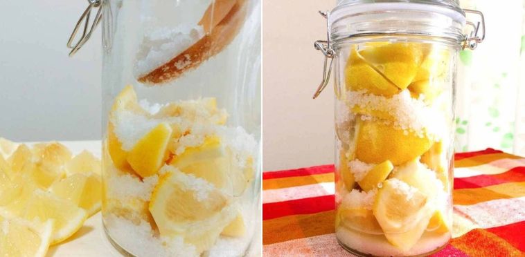 瓶にレモンと塩を詰めている様子