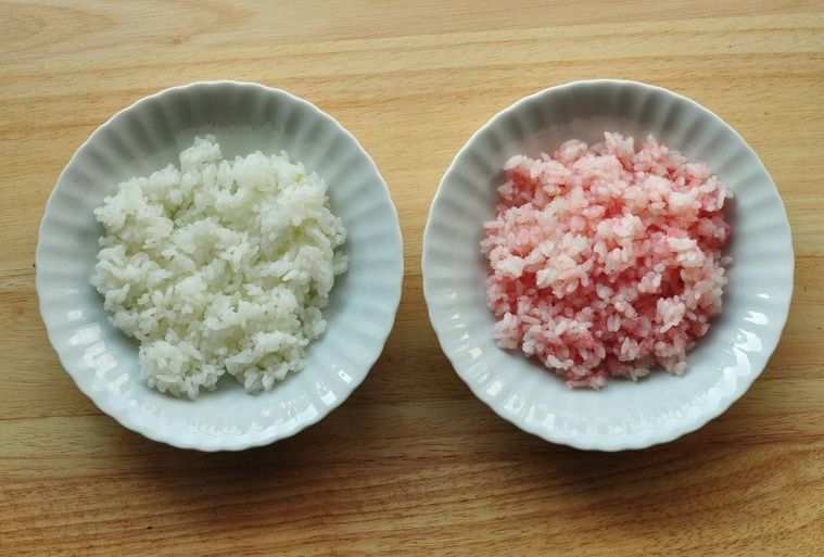 白い皿に盛りつけられた白い寿司飯とピンクの寿司飯