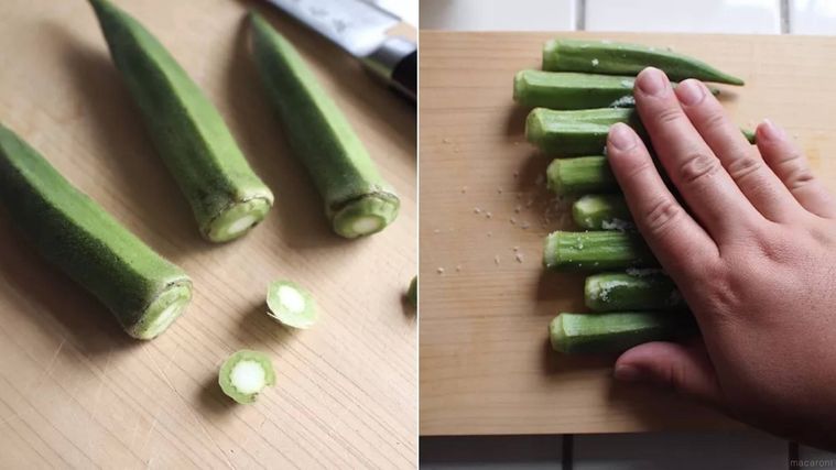 白い机に並べた、オクラのごま和えの材料