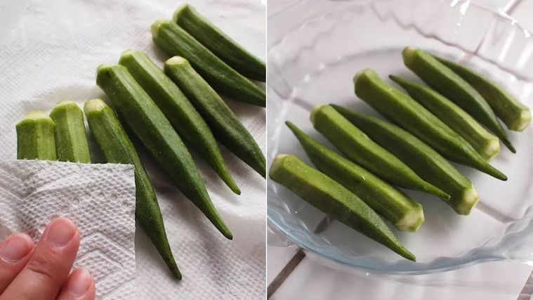 オクラの水分をキッチンペーパーで拭き取り、透明な耐熱皿にのせる様子