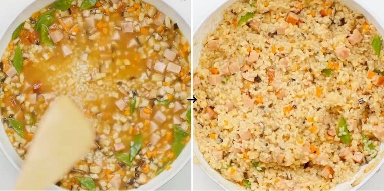 もち米と野菜をフライパンで炒めている様子