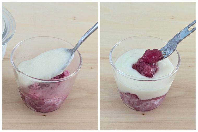 凍らせたグレープゼリーの上にヨーグルトを重ね、さらにフルーチェをトッピングしている様子