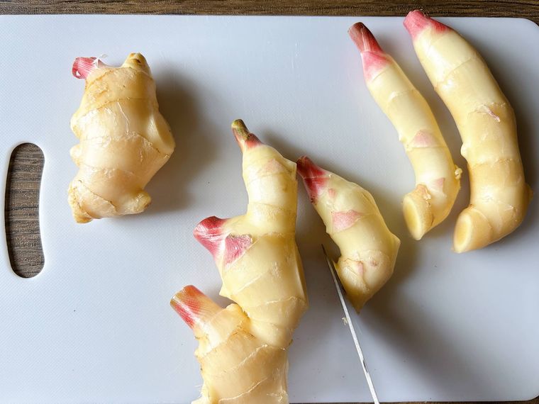 新生姜の先端部分を切り分ける様子