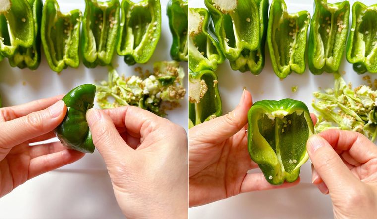 ピーマンのへたと種、わたを取り除く様子