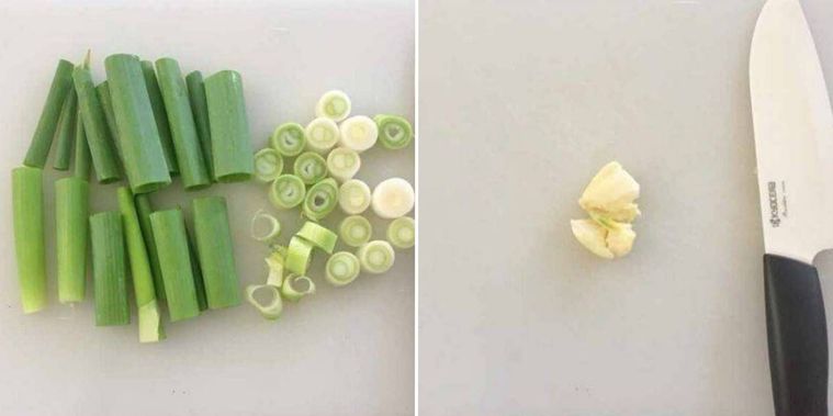長ネギとにんにくをカットした写真