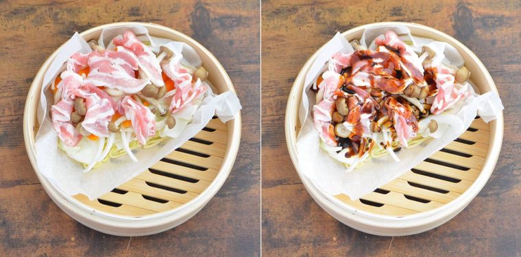 せいろに豚肉とソースをのせている様子