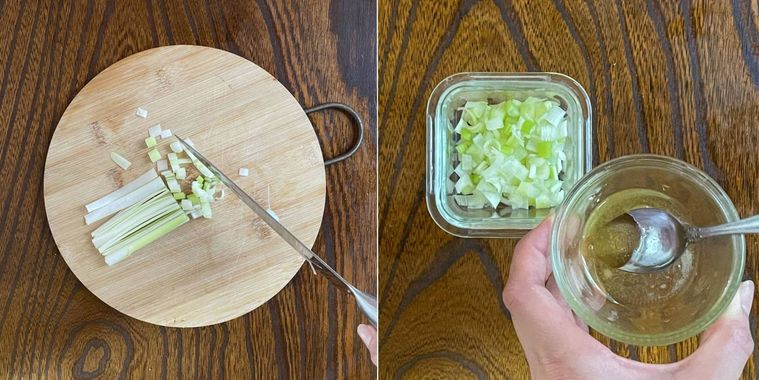 まな板で長ねぎを切っている様子