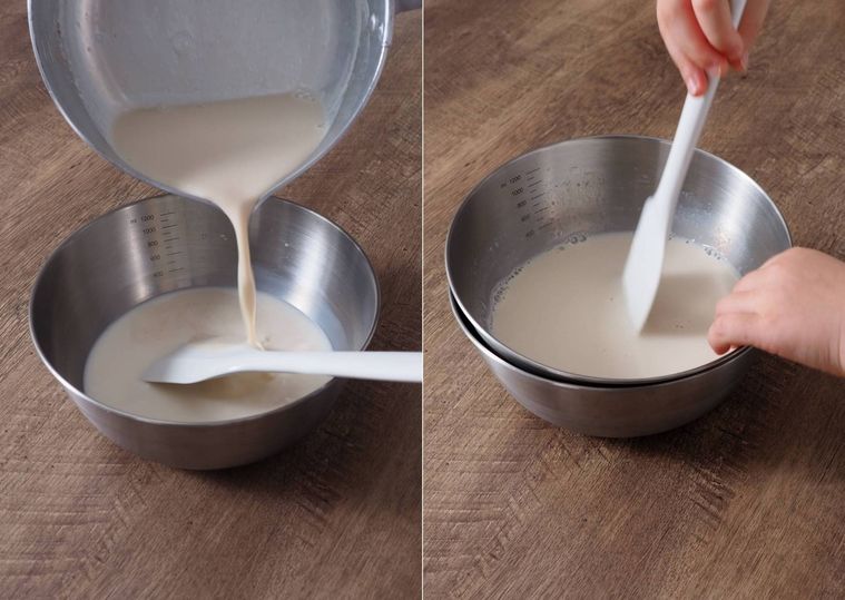 ボウルに豆乳が入っている。
