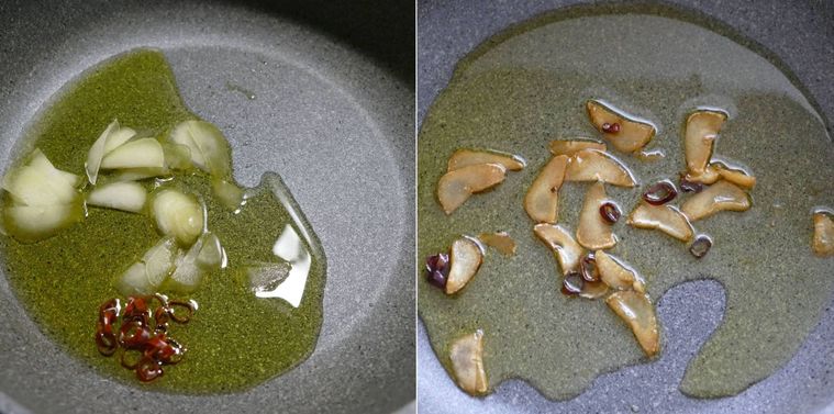 オリーブオイルでにんにくと輪切り唐辛子を炒める様子