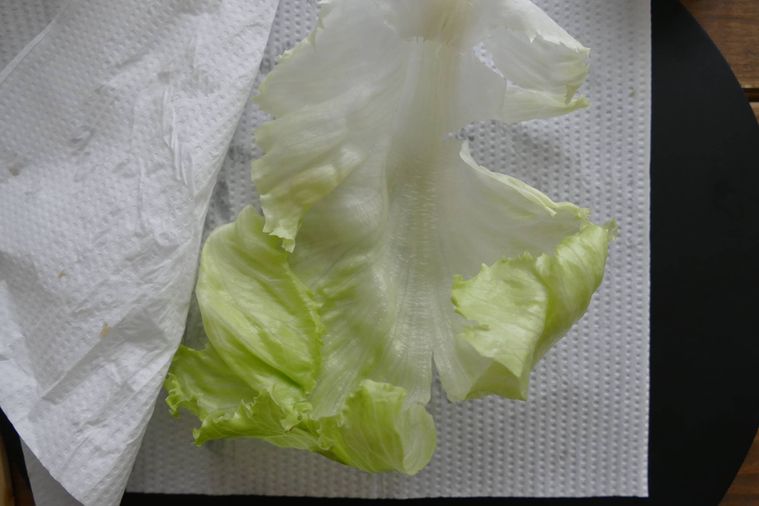 レタスをキッチンペーパーで挟んで水気を拭く様子