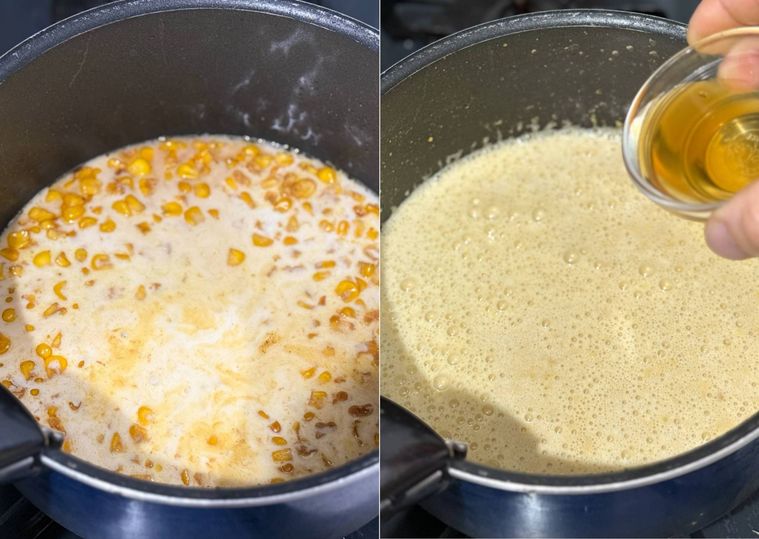 鍋に入ったとうもろこしの実と無調整豆乳