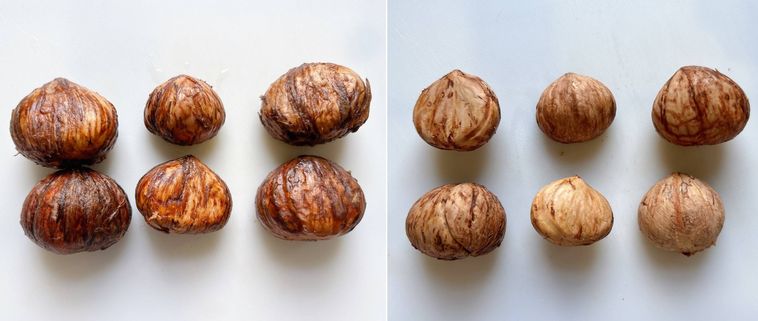 繊維を剥く前と繊維を剥いたあとの栗
