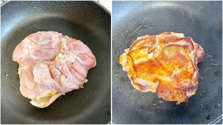 フライパンで鶏もも肉を焼く様子