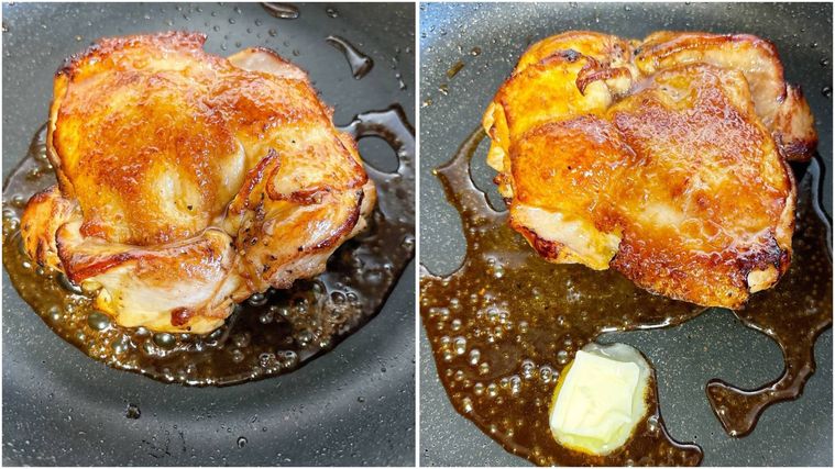 フライパンに調味料を入れて絡める様子