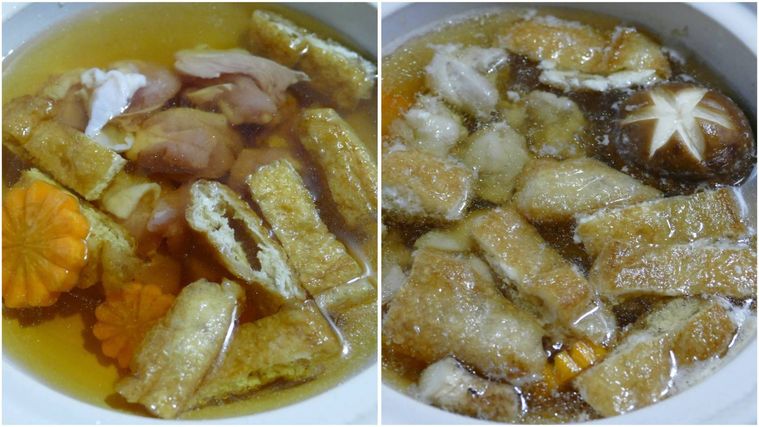 水、めんつゆ、鶏もも肉、にんじん、油揚げを入れた鍋