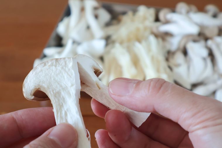 エリンギを手で割いている