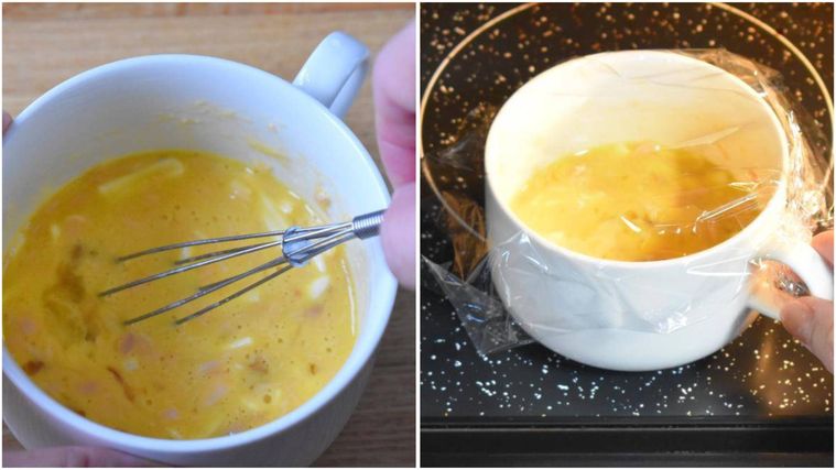 カップの中でかき混ぜた卵とチーズとツナ