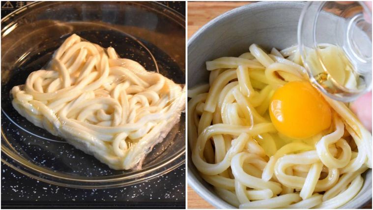 皿にのせて電子レンジに入れた冷凍うどん