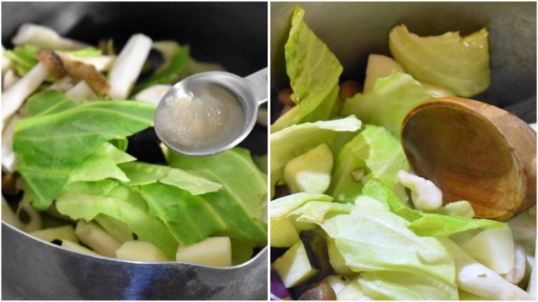 鍋の中でオイルを加えた野菜