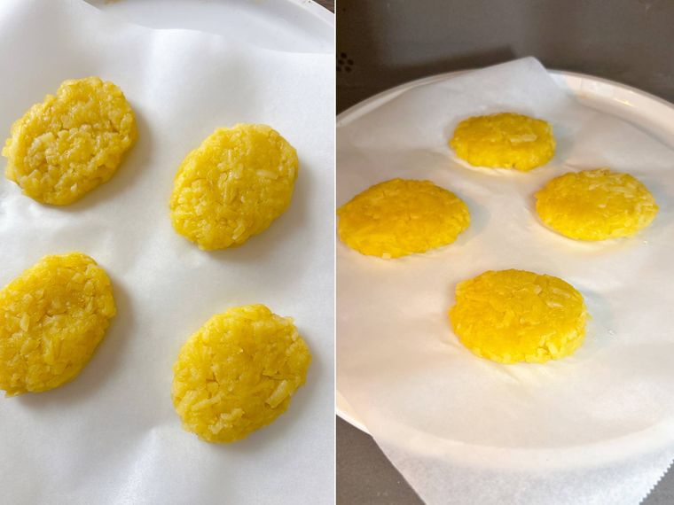 潰したじゃがいもを成形して電子レンジで加熱する様子