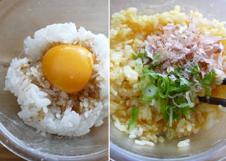 ごはんと卵黄、しょうゆ、かつおぶし、小口ねぎを混ぜる様子