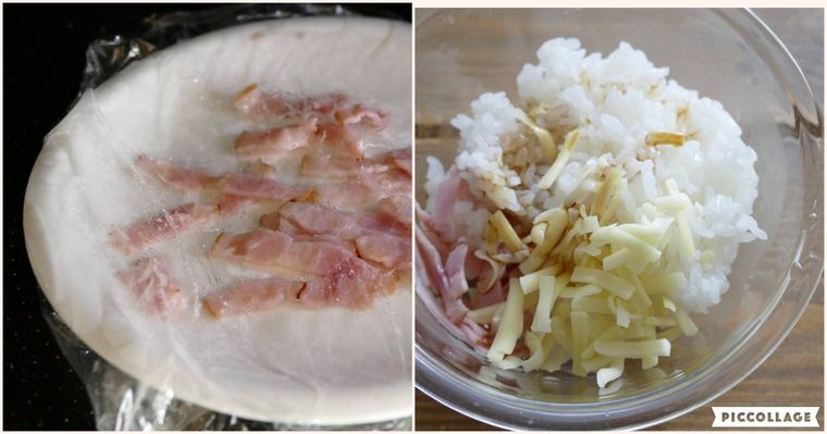 ベーコンを加熱してほかの材料と一緒にごはんに混ぜる様子