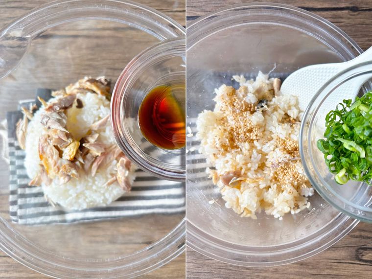 ごはんに焼き鯖、調味料、薬味を混ぜる様子