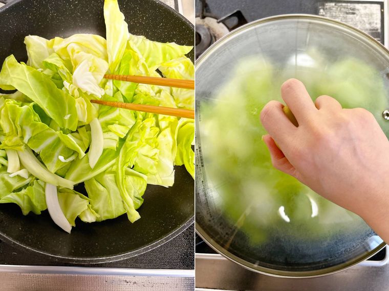 キャベツを炒めて蒸し焼きにする様子