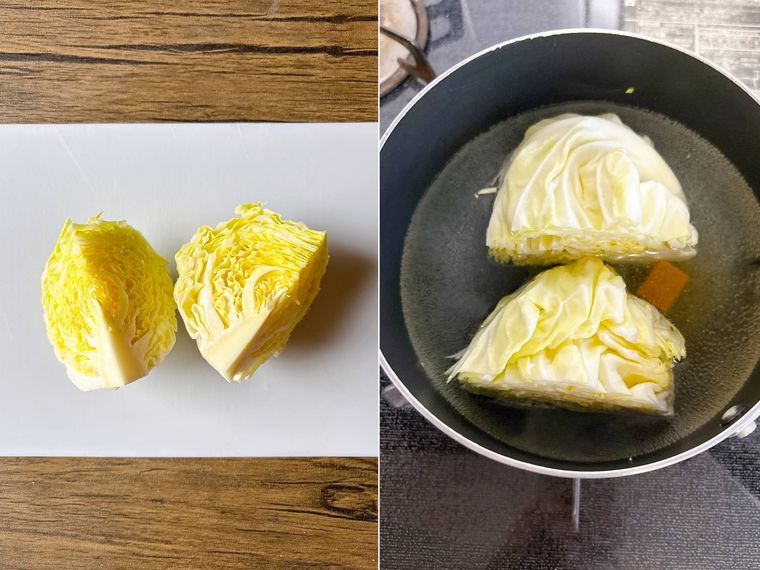 キャベツをカットしてコンソメで煮る様子