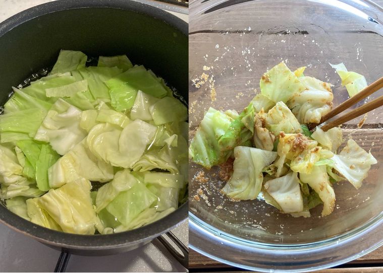 キャベツをゆでて調味料と和える様子