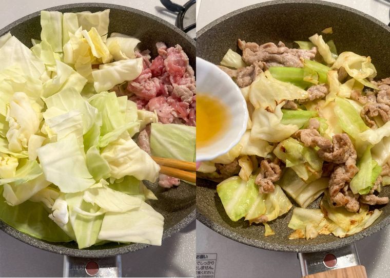 キャベツと豚こま肉を炒めてごま油をまわし入れる様子