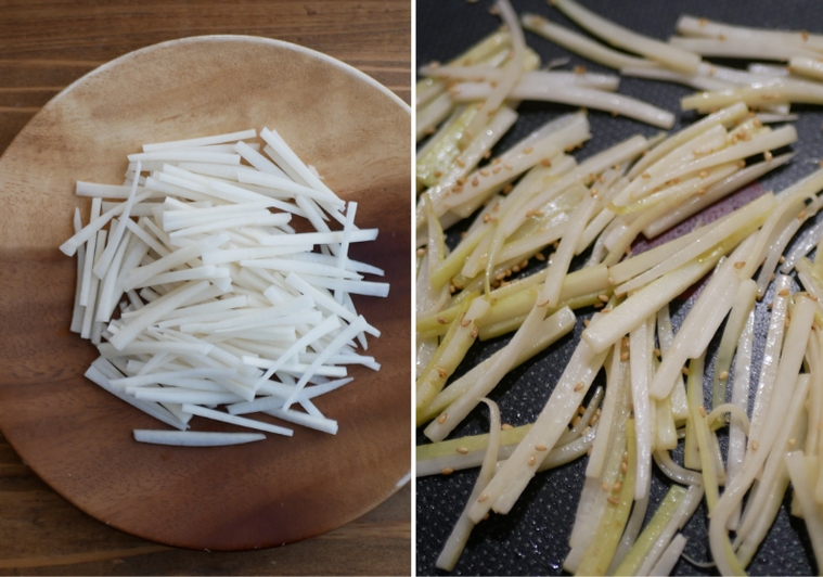大根の皮のごま炒めを作る様子