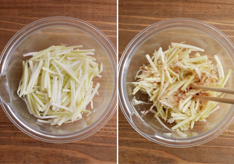 大根の皮のポン酢和えを作る様子