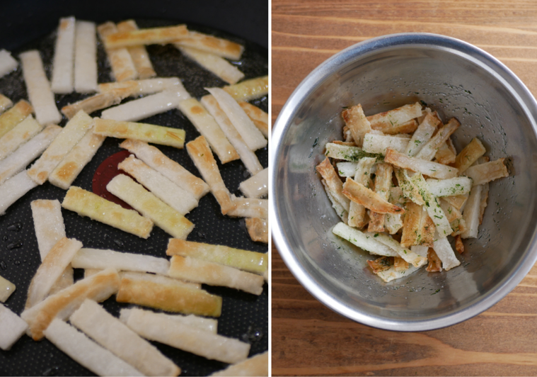 大根の皮のほくほく揚げを作る様子