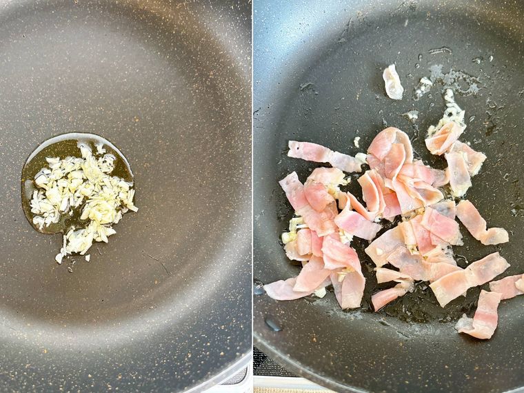 フライパンでにんにく、ベーコンを炒める様子