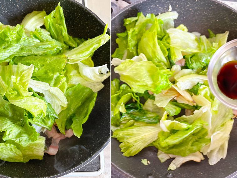 フライパンでレタスを炒める様子