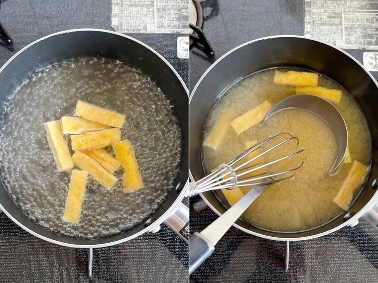 だしで油揚げを煮てみそを溶く様子