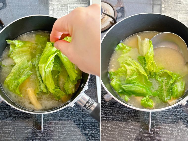 鍋にレタスを加えて煮る様子
