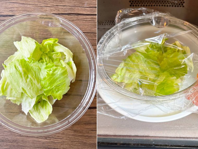 耐熱ボウルにレタスを入れて電子レンジで加熱する様子
