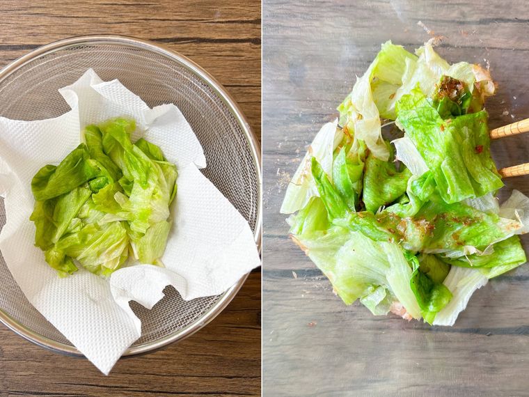 レタスの水気を切って調味料で和える様子